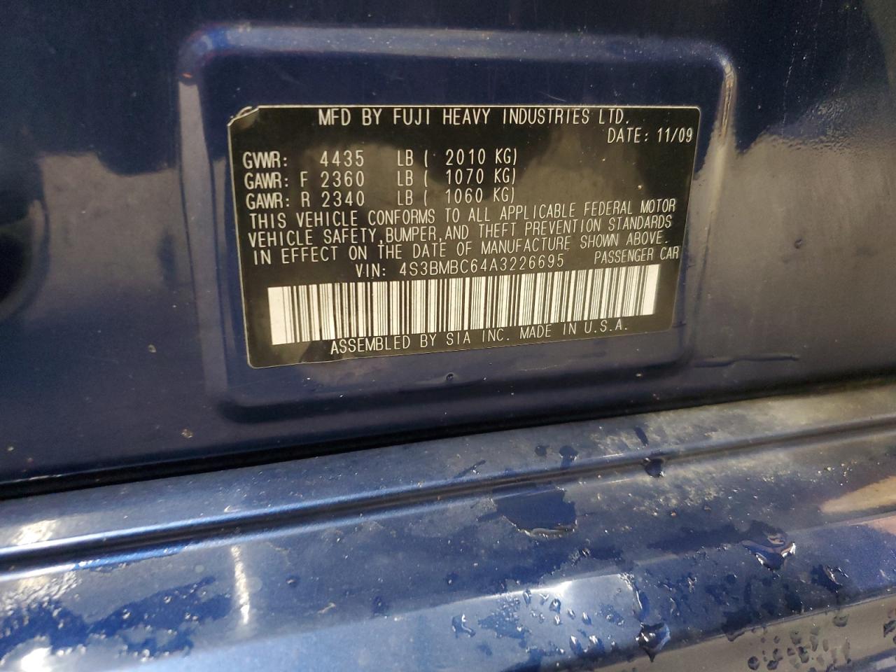 2010 Subaru Legacy 2.5I Premium VIN: 4S3BMBC64A3226695 Lot: 90524175