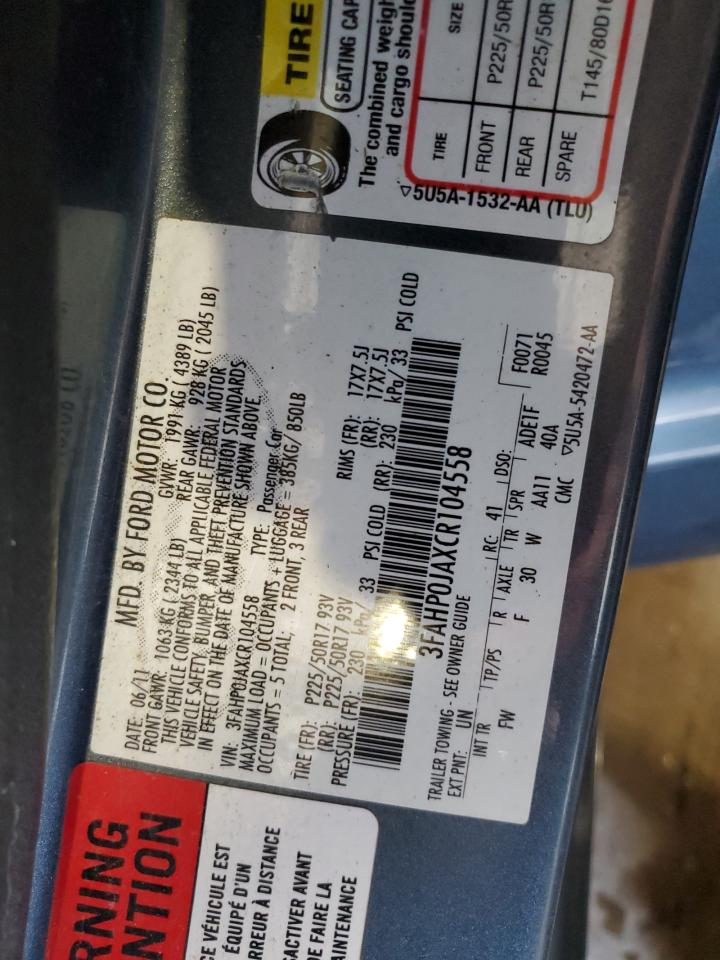 2012 Ford Fusion Sel VIN: 3FAHP0JAXCR104558 Lot: 87241345