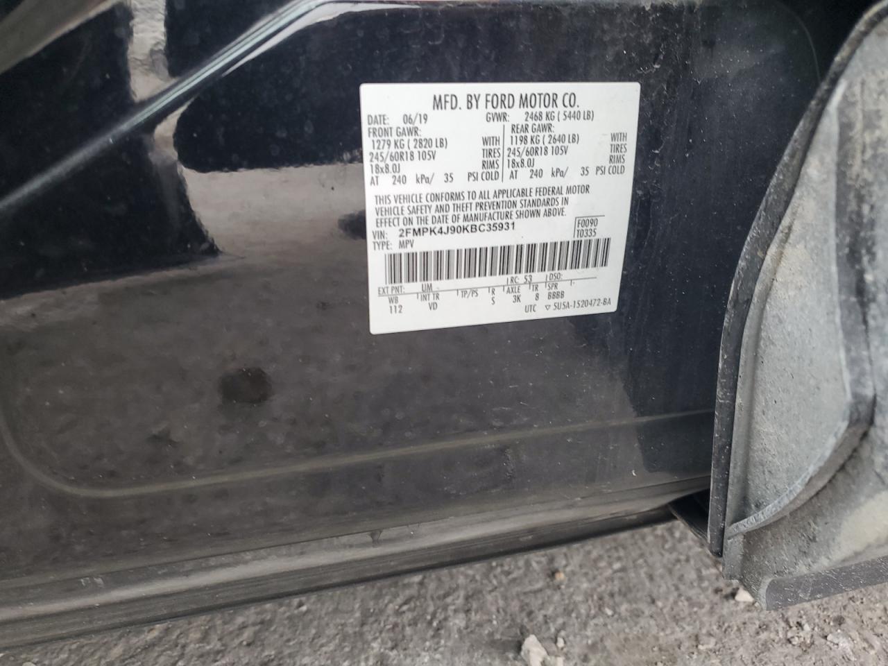 2019 Ford Edge Sel VIN: 2FMPK4J90KBC35931 Lot: 85003105