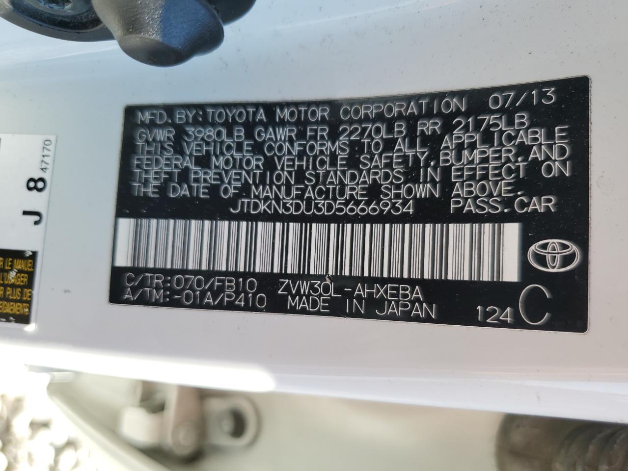 2013 Toyota Prius VIN: JTDKN3DU3D5666934 Lot: 82192205