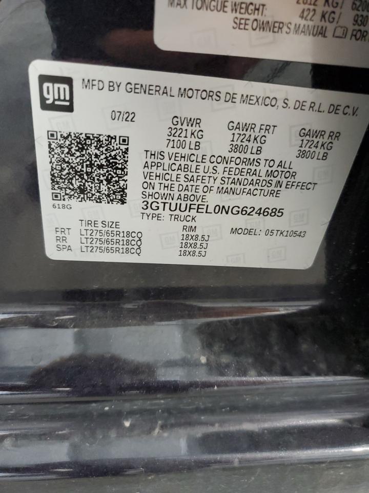 2022 GMC Sierra K1500 At4X VIN: 3GTUUFEL0NG624685 Lot: 90039835