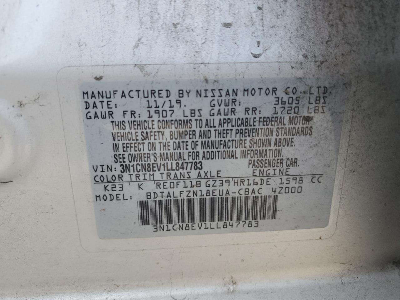 2020 Nissan Versa Sv VIN: 3N1CN8EV1LL847783 Lot: 84395645