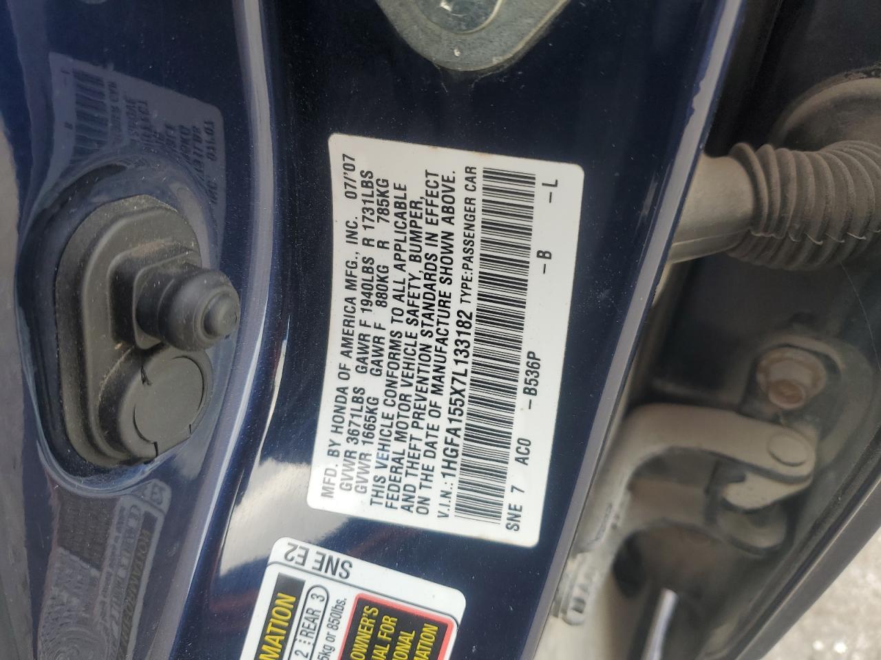 2007 Honda Civic Lx VIN: 1HGFA155X7L133182 Lot: 86066005