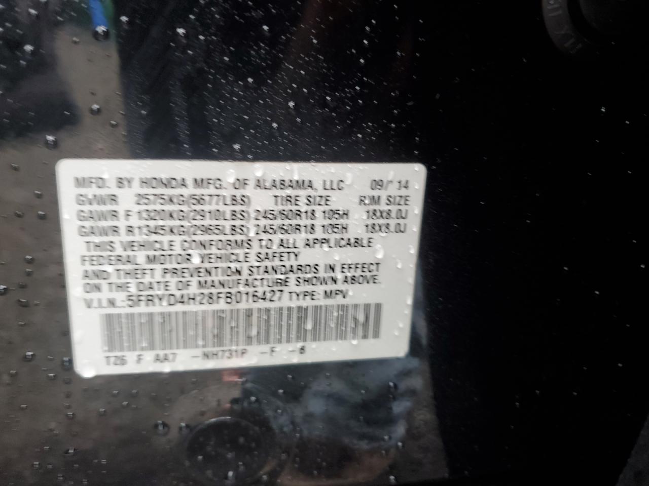 2015 Acura Mdx VIN: 5FRYD4H28FB016427 Lot: 90307125