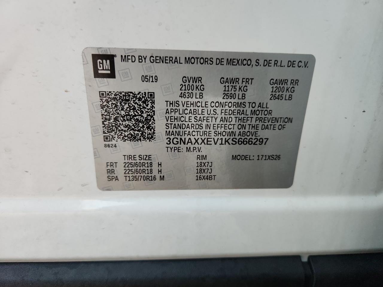 2019 Chevrolet Equinox Premier VIN: 3GNAXXEV1KS666297 Lot: 85304755