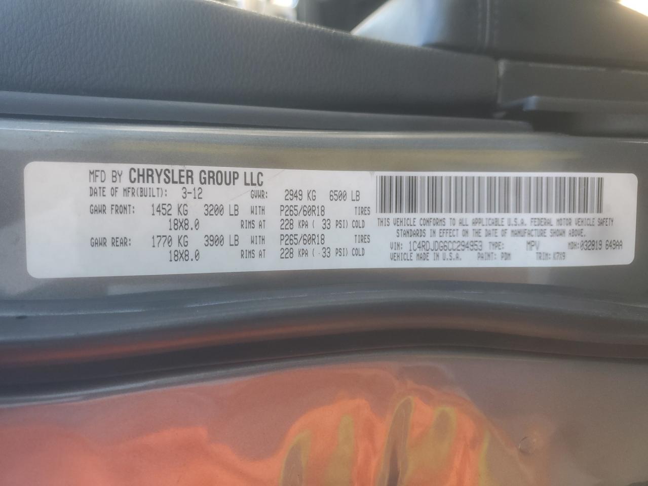 2012 Dodge Durango Crew VIN: 1C4RDJDG6CC294953 Lot: 90300805