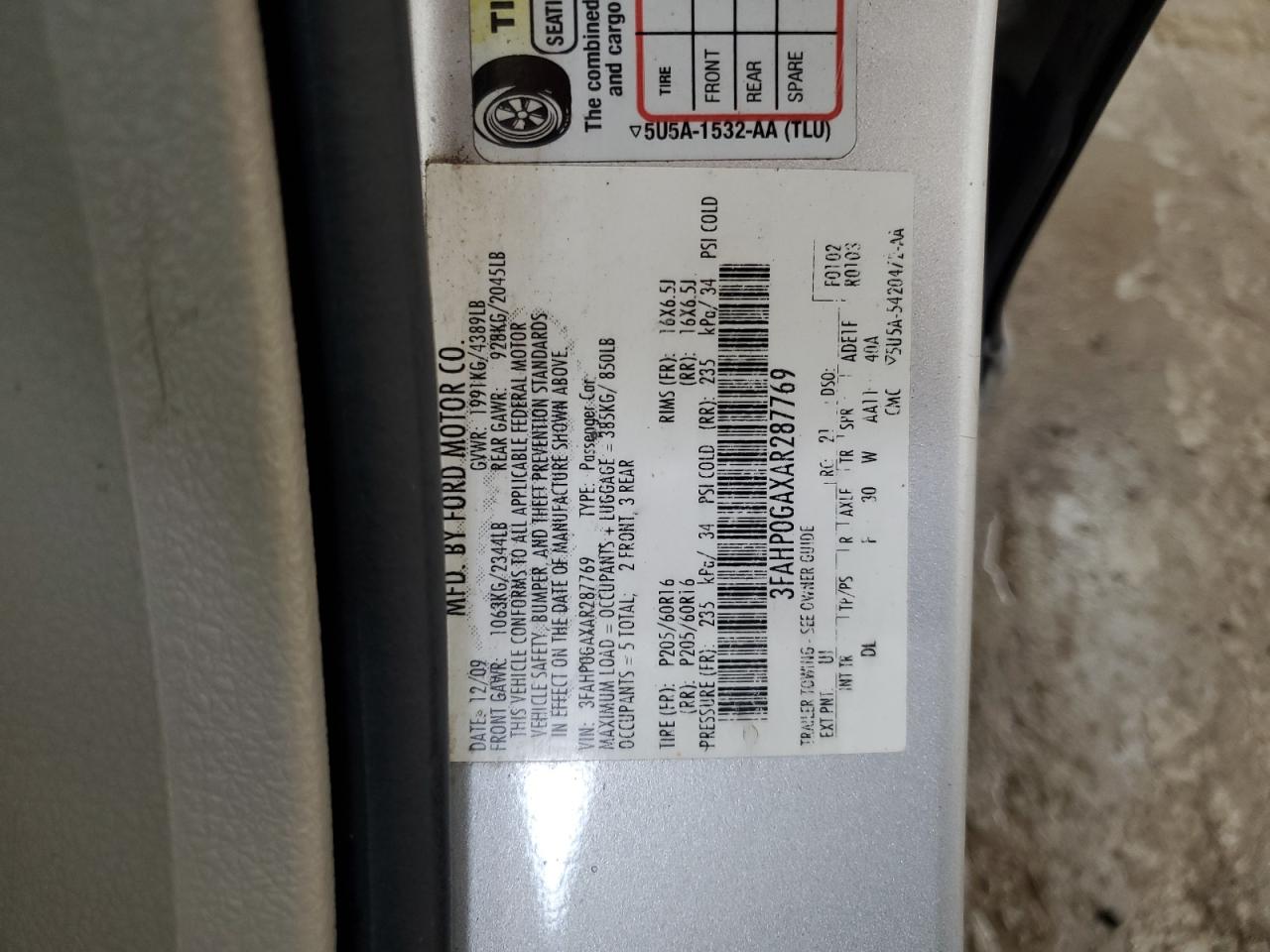 2010 Ford Fusion S VIN: 3FAHP0GAXAR287769 Lot: 85521445