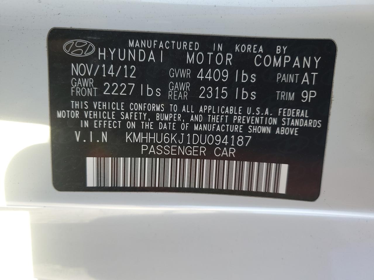 2013 Hyundai Genesis Coupe 3.8L VIN: KMHHU6KJ1DU094187 Lot: 84583665