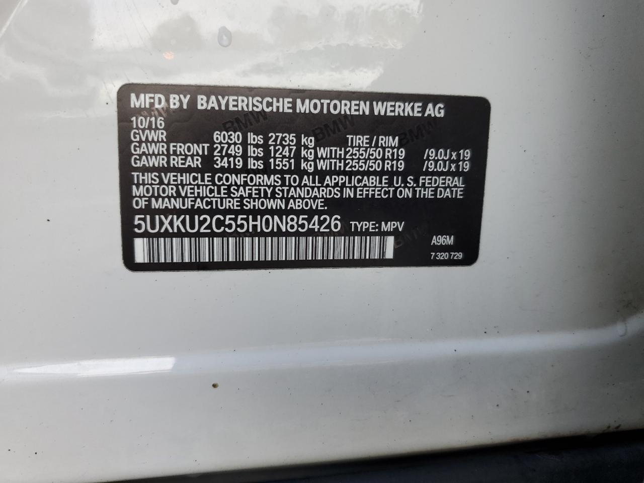 2017 BMW X6 xDrive35I VIN: 5UXKU2C55H0N85426 Lot: 89701285