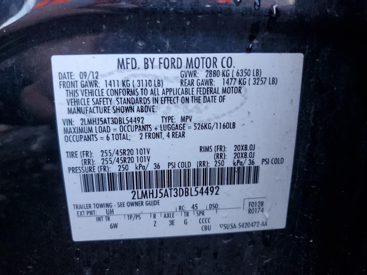 2013 Lincoln Mkt VIN: 2LMHJ5AT3DBL54492 Lot: 82653655