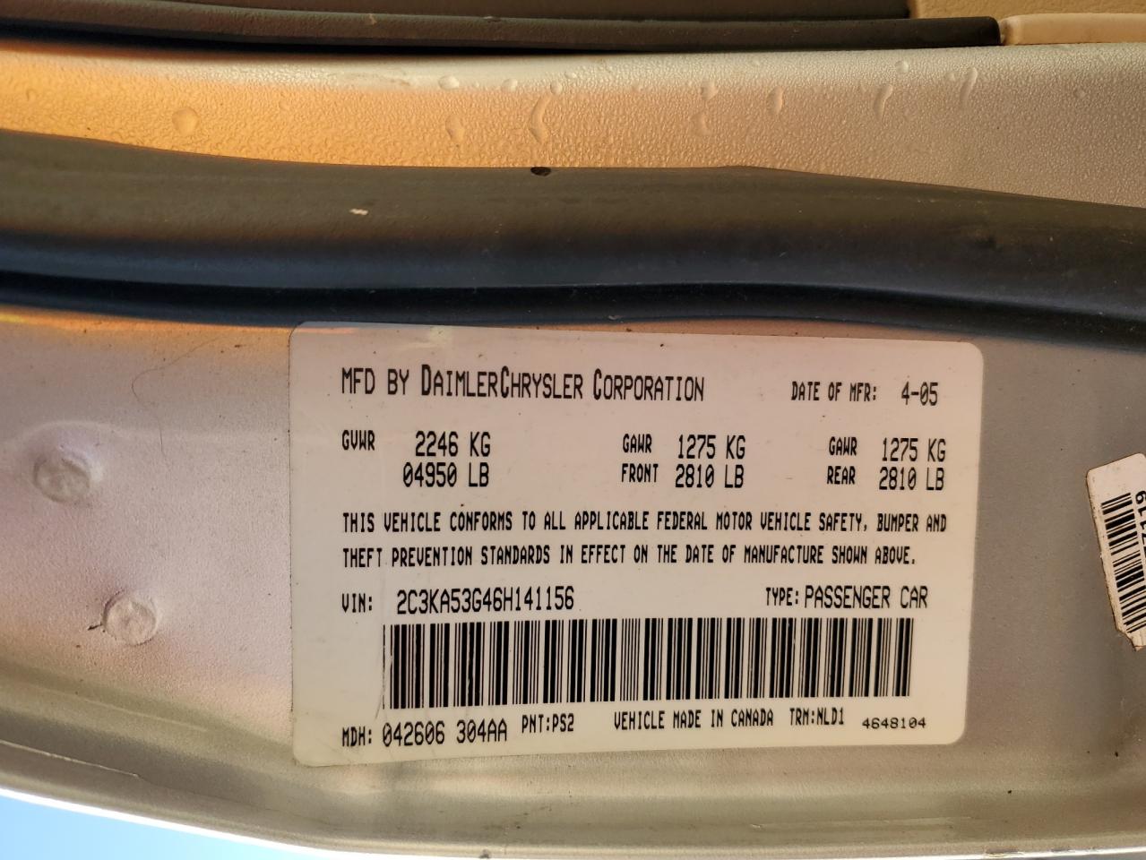 2006 Chrysler 300 Touring VIN: 2C3KA53G46H141156 Lot: 85569295