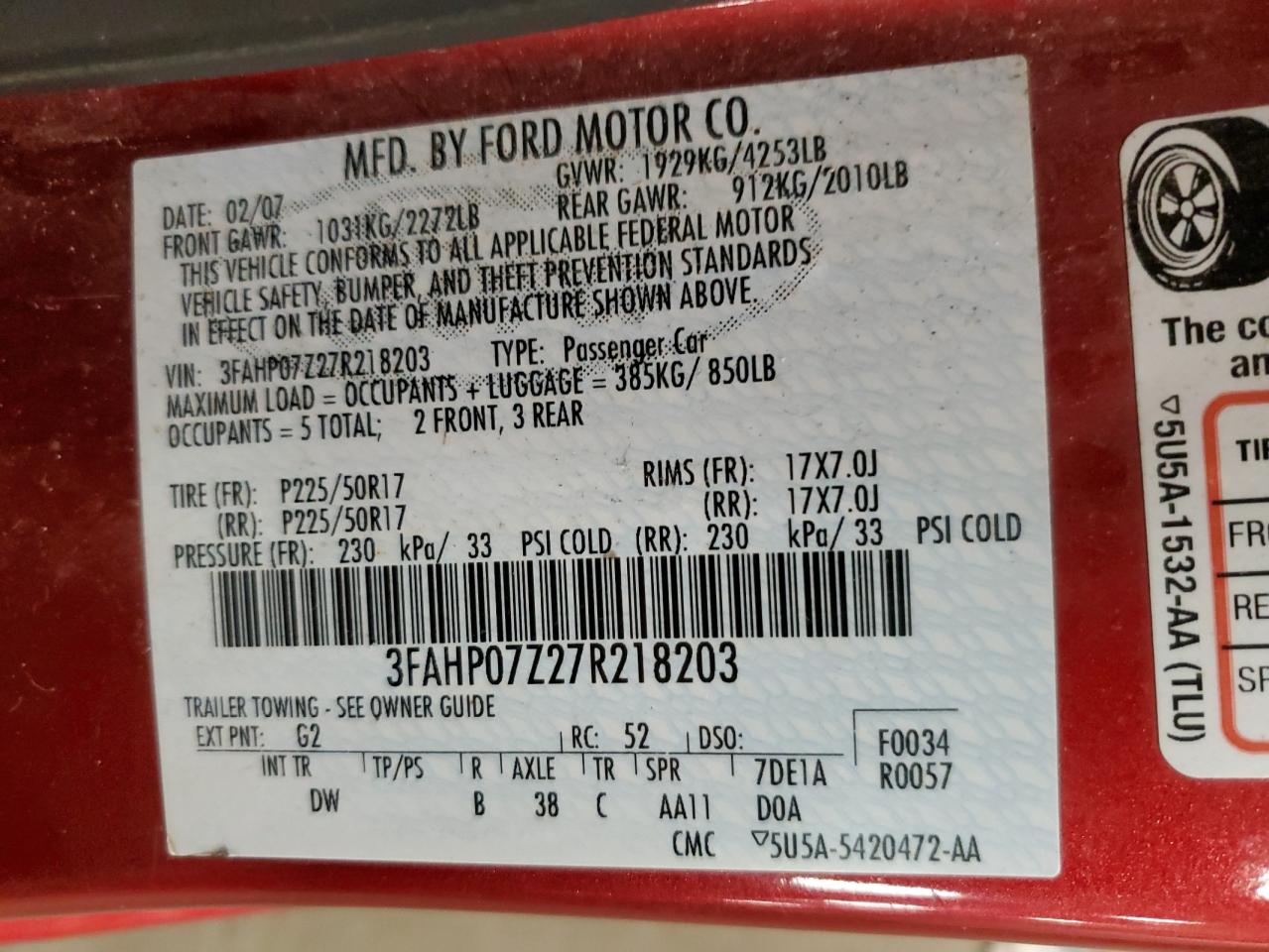 2007 Ford Fusion Se VIN: 3FAHP07Z27R218203 Lot: 82481555