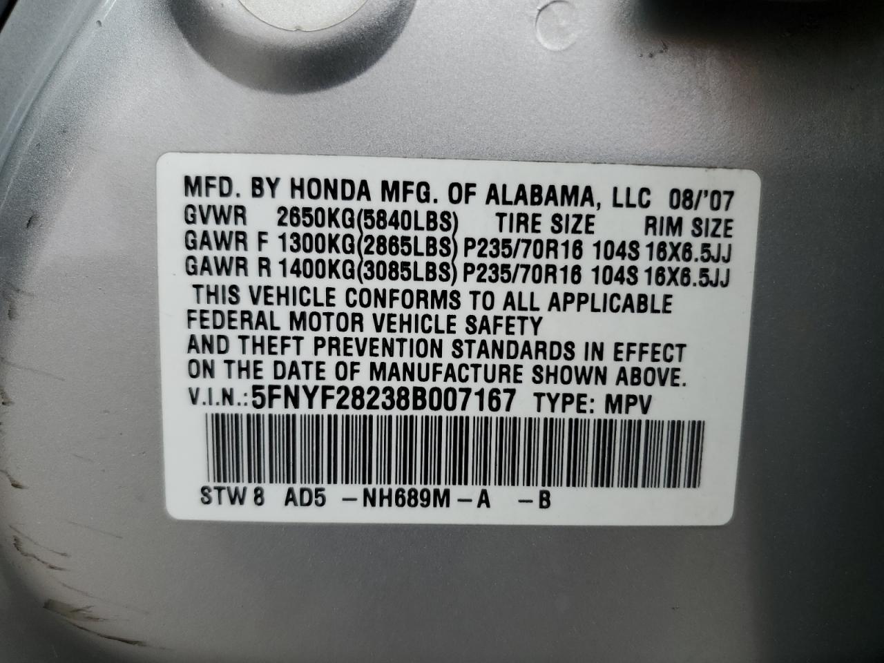 2008 Honda Pilot Vp VIN: 5FNYF28238B007167 Lot: 82251915