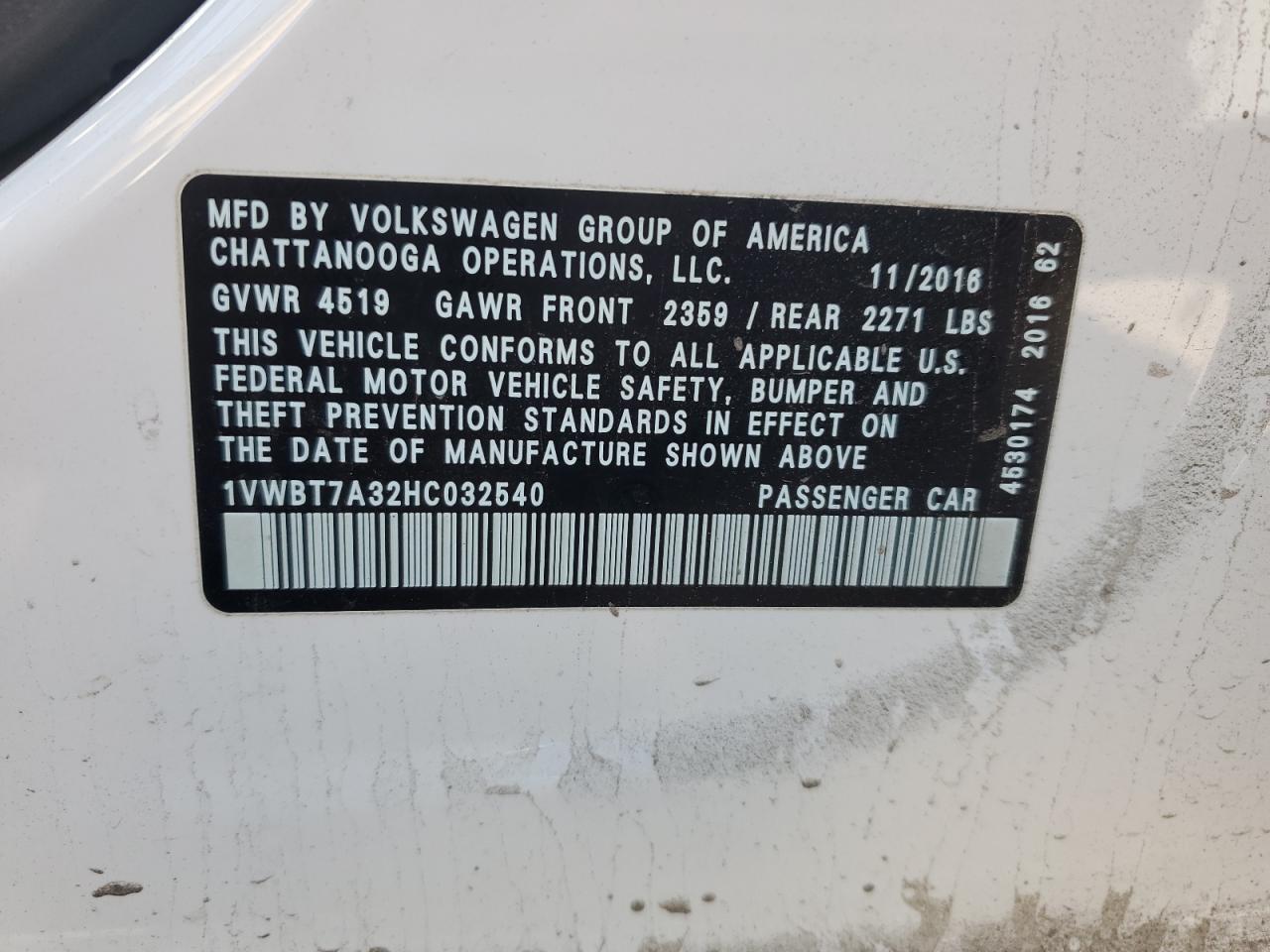 2017 Volkswagen Passat Se VIN: 1VWBT7A32HC032540 Lot: 86436605