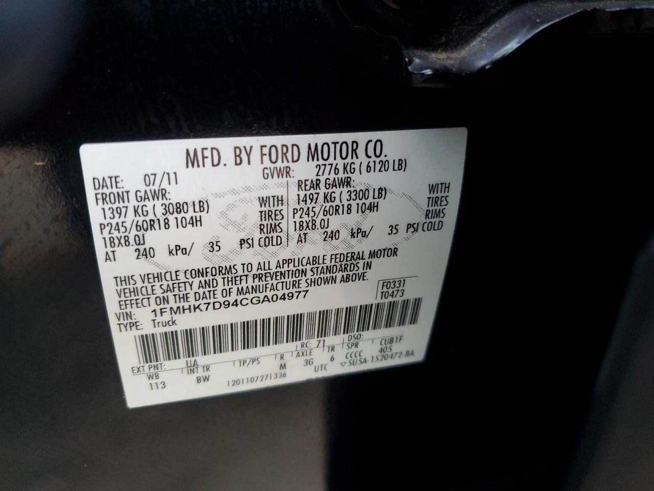 2012 Ford Explorer Xlt VIN: 1FMHK7D94CGA04977 Lot: 84821365