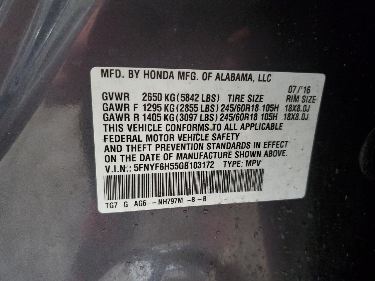 2016 Honda Pilot Exl VIN: 5FNYF6H55GB103172 Lot: 82590915