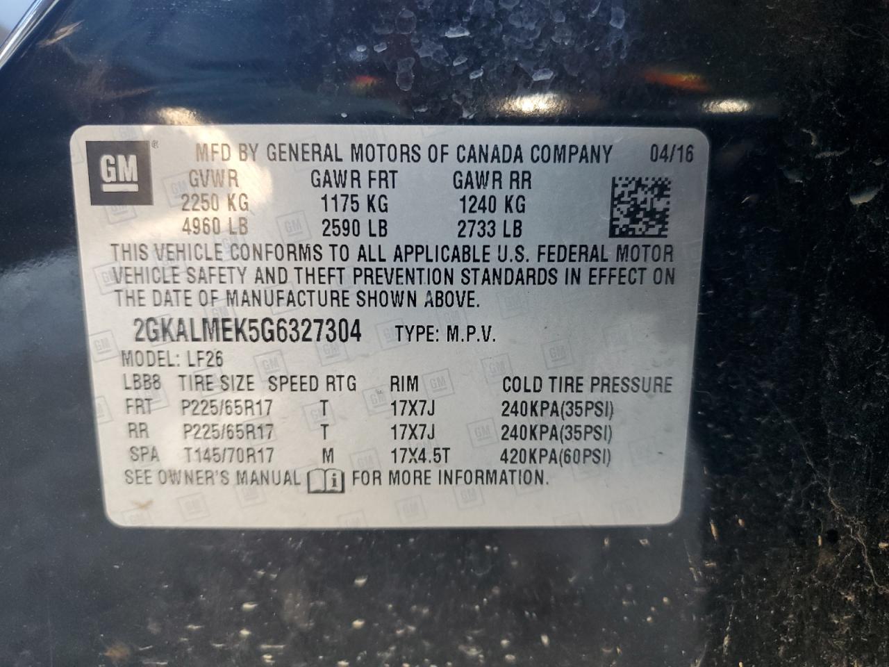 2016 GMC Terrain Sle VIN: 2GKALMEK5G6327304 Lot: 91091615