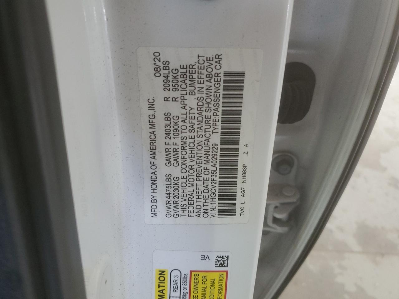 2020 Honda Accord Sport VIN: 1HGCV2F35LA029229 Lot: 84655955