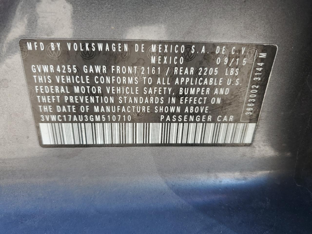 2016 Volkswagen Golf Sportwagen S VIN: 3VWC17AU3GM510710 Lot: 86541375