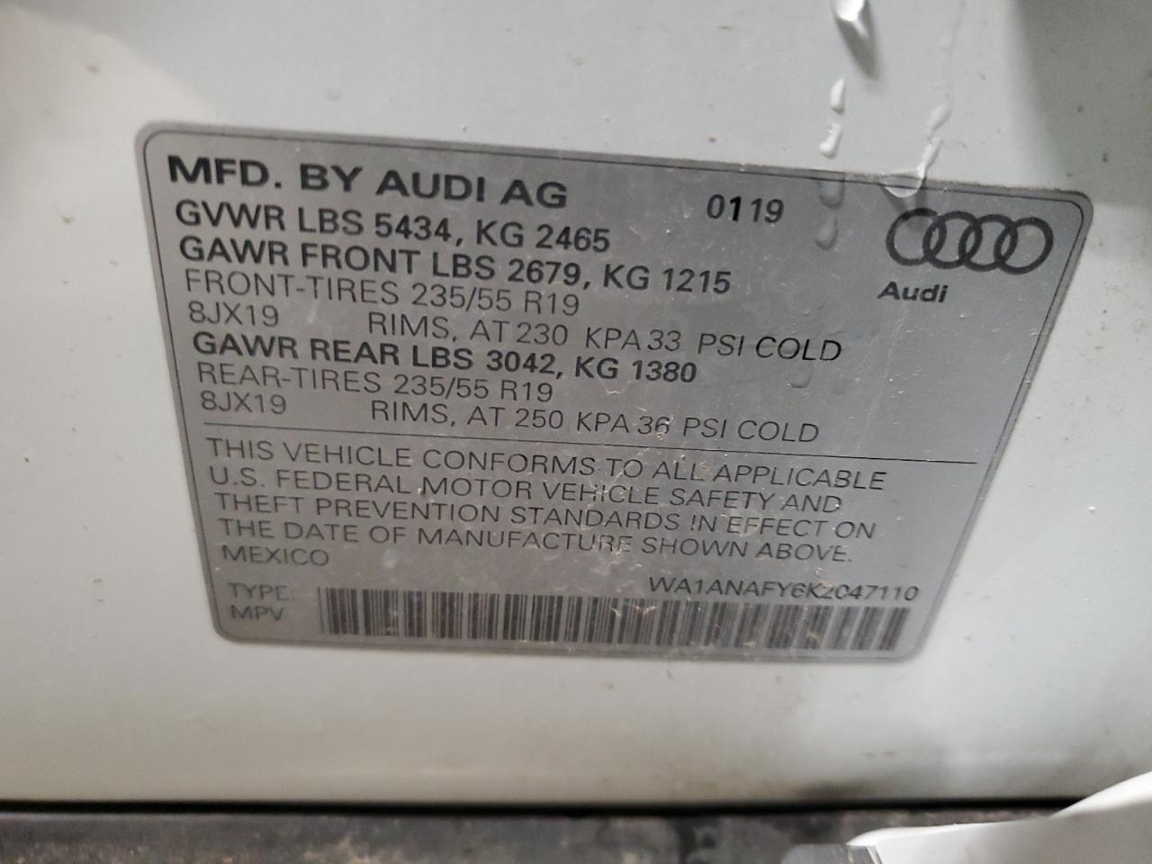 2019 Audi Q5 Premium VIN: WA1ANAFY6K2047110 Lot: 89671325