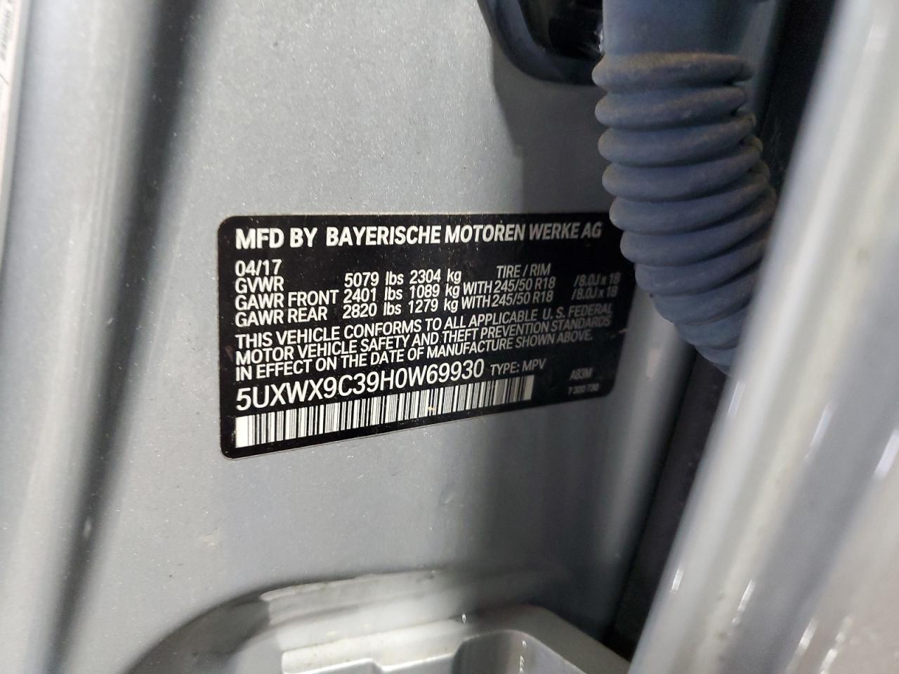 2017 BMW X3 xDrive28I VIN: 5UXWX9C39H0W69930 Lot: 85872855