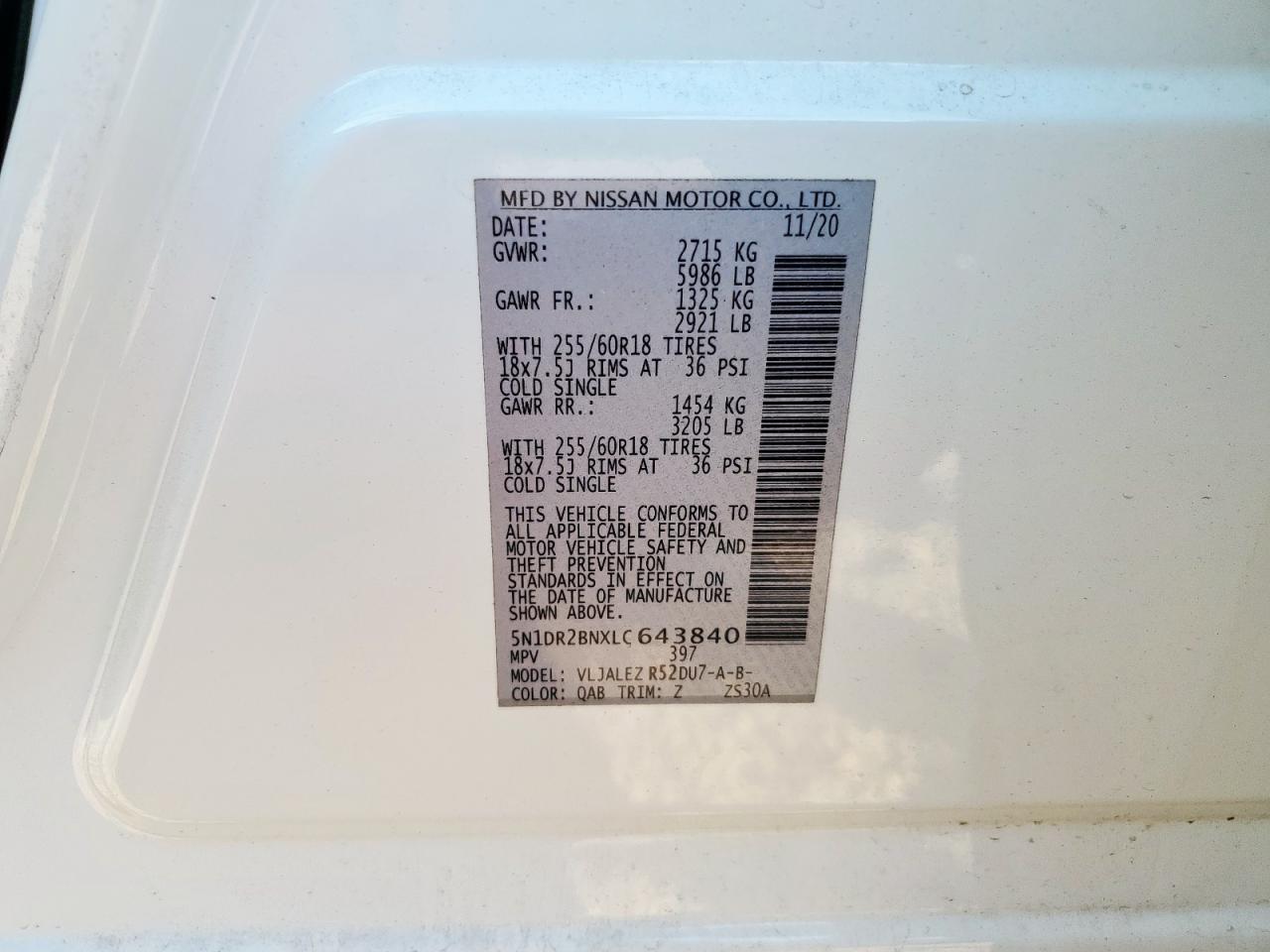 2020 Nissan Pathfinder Sv VIN: 5N1DR2BNXLC643840 Lot: 85377565