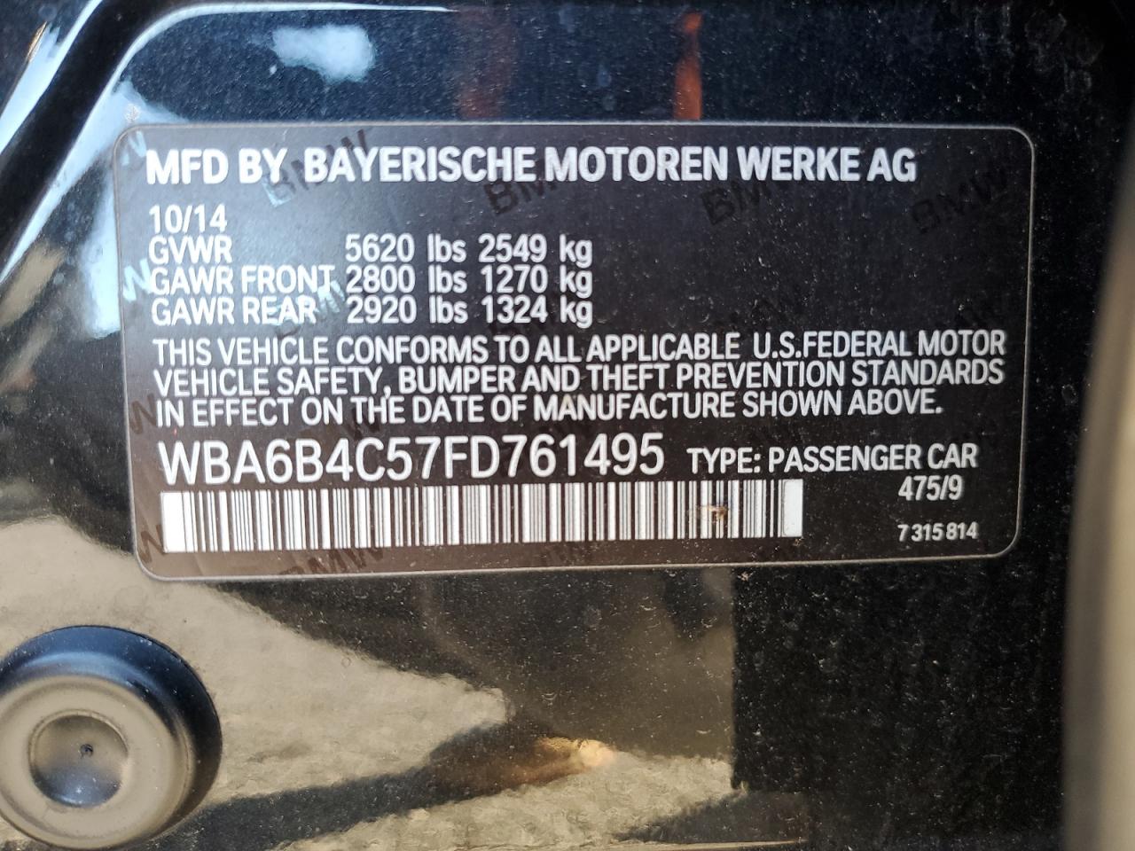 2015 BMW 650 Xi Gran Coupe VIN: WBA6B4C57FD761495 Lot: 82460905