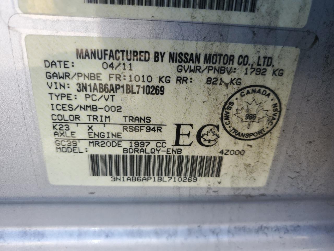 2011 Nissan Sentra 2.0 VIN: 3N1AB6AP1BL710269 Lot: 84653655