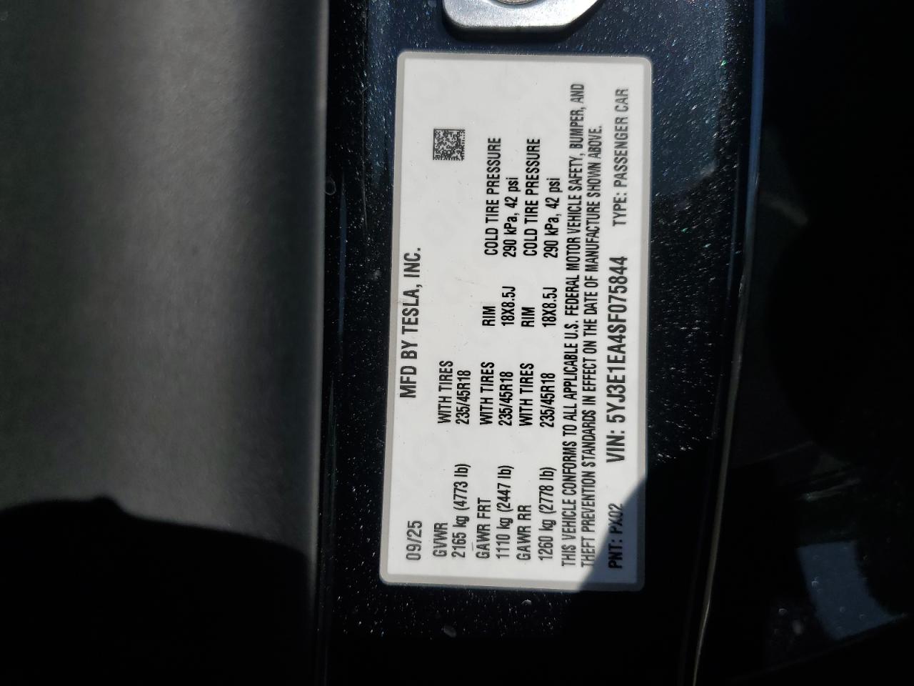 2025 Tesla Model 3 VIN: 5YJ3E1EA4SF075844 Lot: 87263835