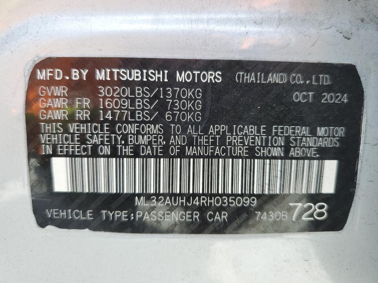 2024 Mitsubishi Mirage Es VIN: ML32AUHJ4RH035099 Lot: 90590185