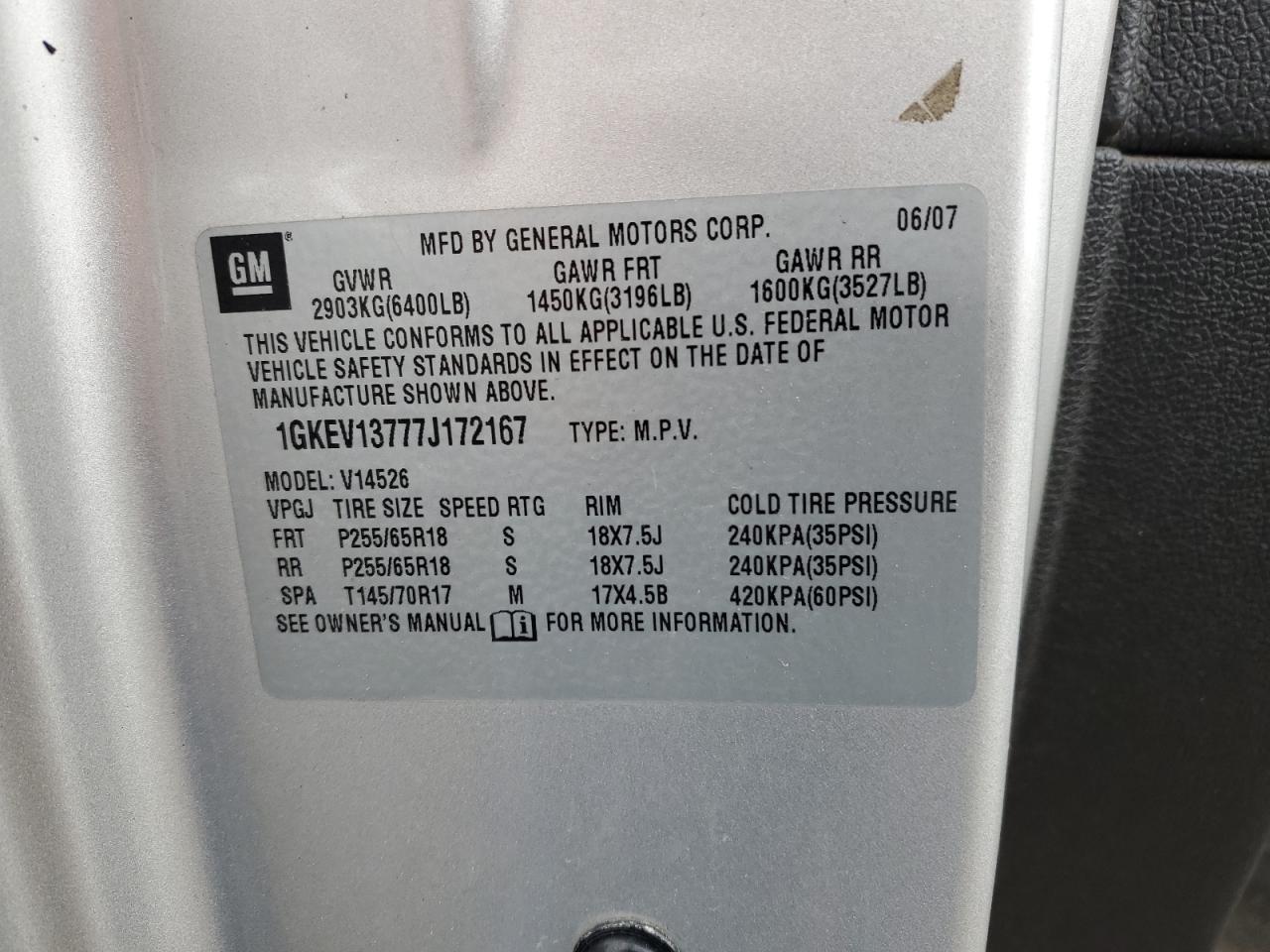 2007 GMC Acadia Sle VIN: 1GKEV13777J172167 Lot: 86514065