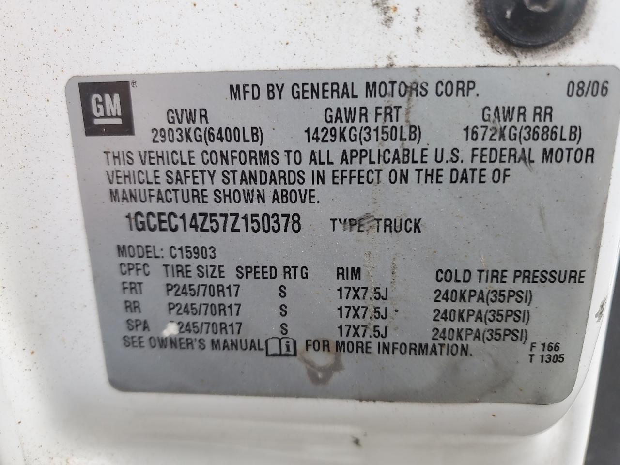 2007 Chevrolet Silverado C1500 Classic VIN: 1GCEC14Z57Z150378 Lot: 85008325