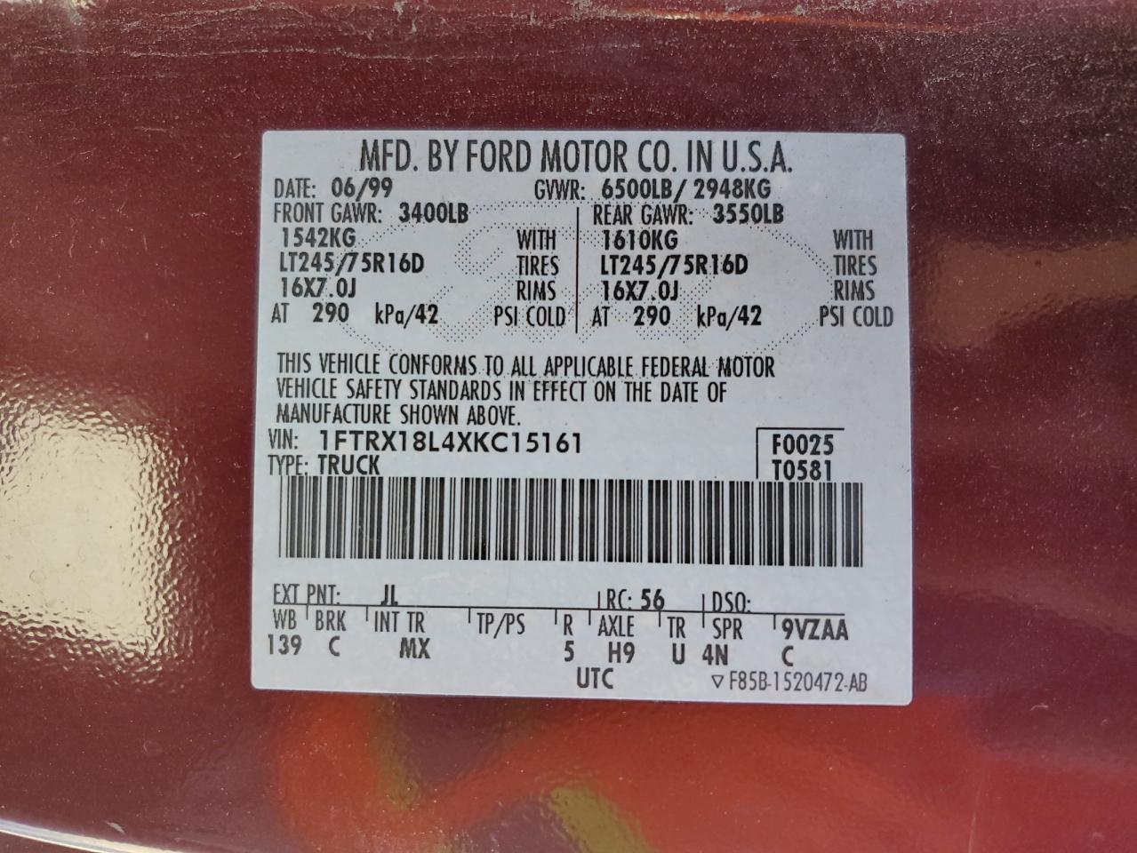 1999 Ford F150 VIN: 1FTRX18L4XKC15161 Lot: 86865525