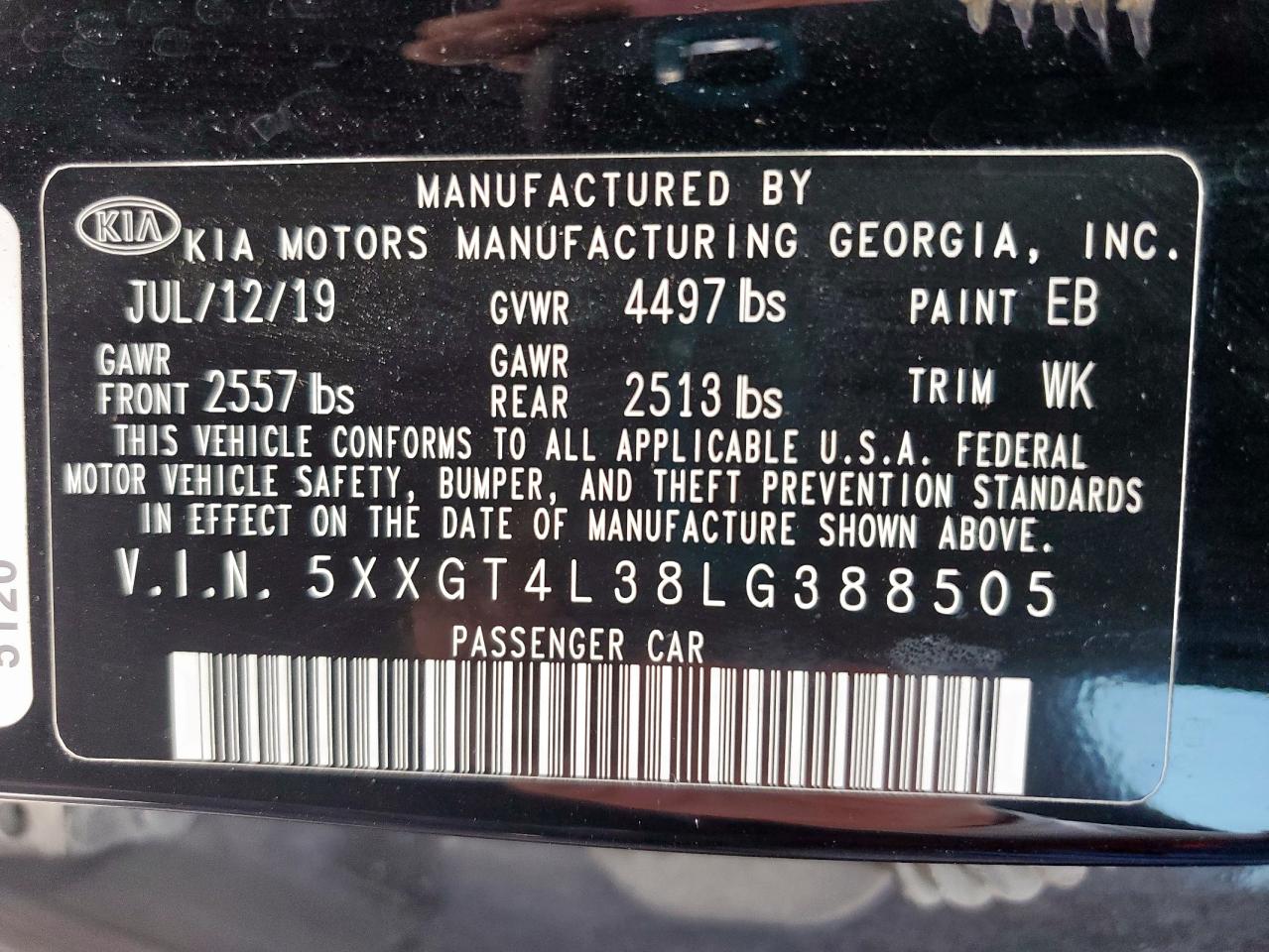 2020 Kia Optima Lx VIN: 5XXGT4L38LG388505 Lot: 82200795