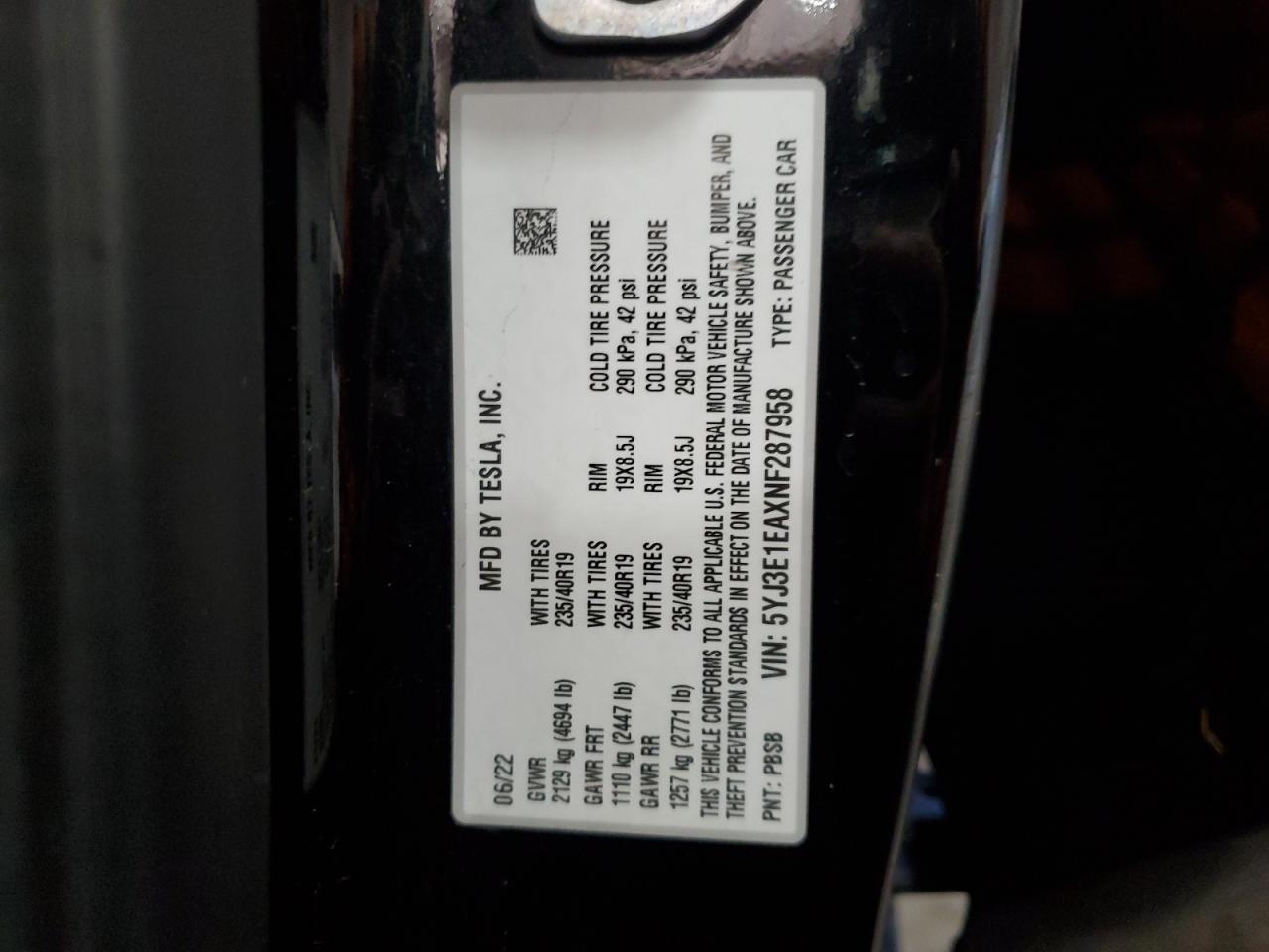 2022 Tesla Model 3 VIN: 5YJ3E1EAXNF287958 Lot: 90991305