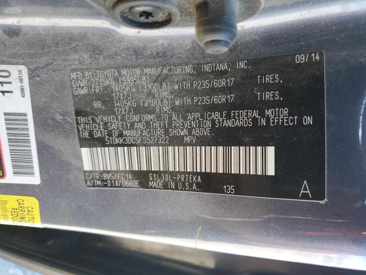 2015 Toyota Sienna Le VIN: 5TDKK3DC5FS527322 Lot: 85297005