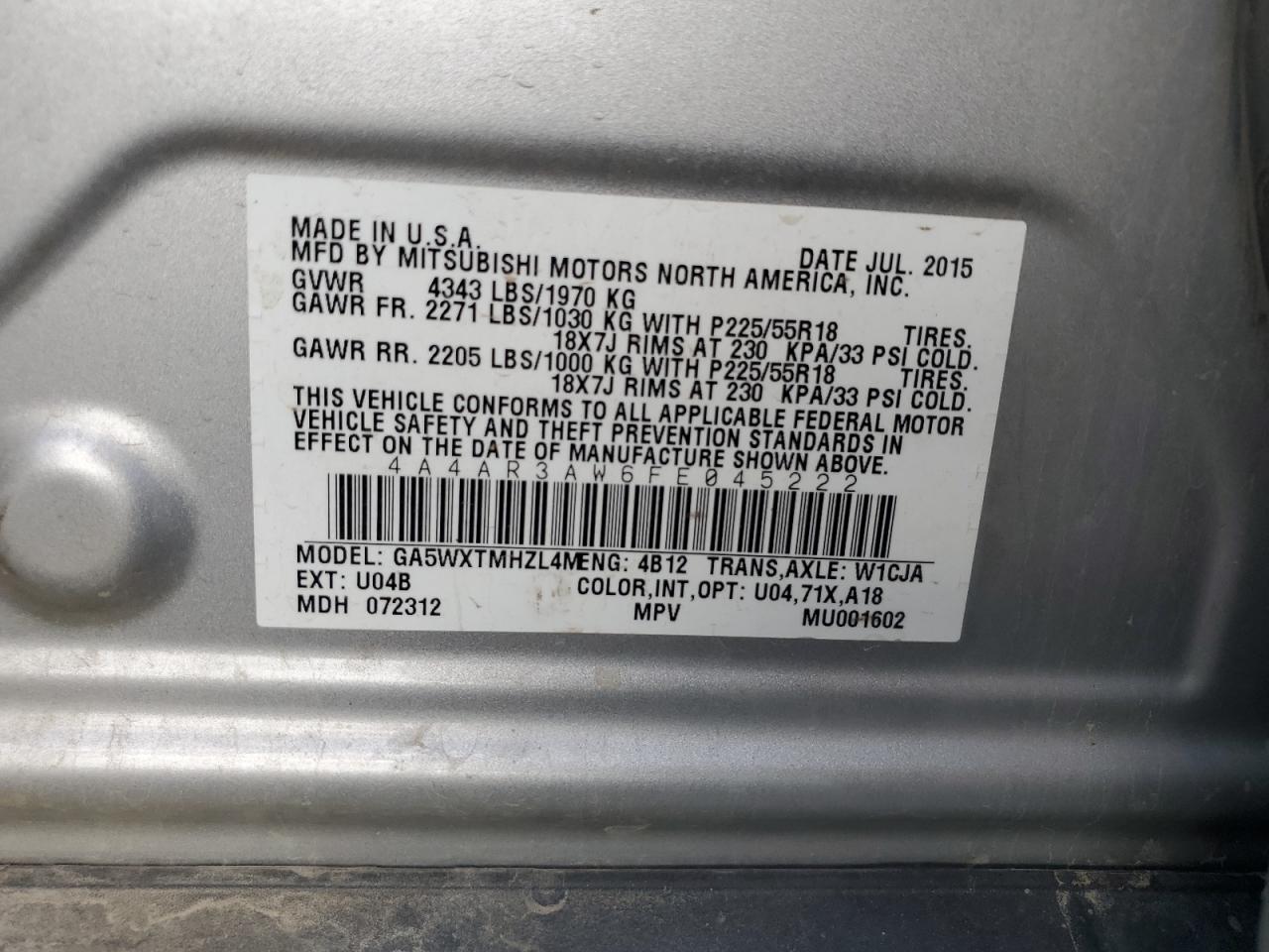 2015 Mitsubishi Outlander Sport Es VIN: 4A4AR3AW6FE045222 Lot: 84620605