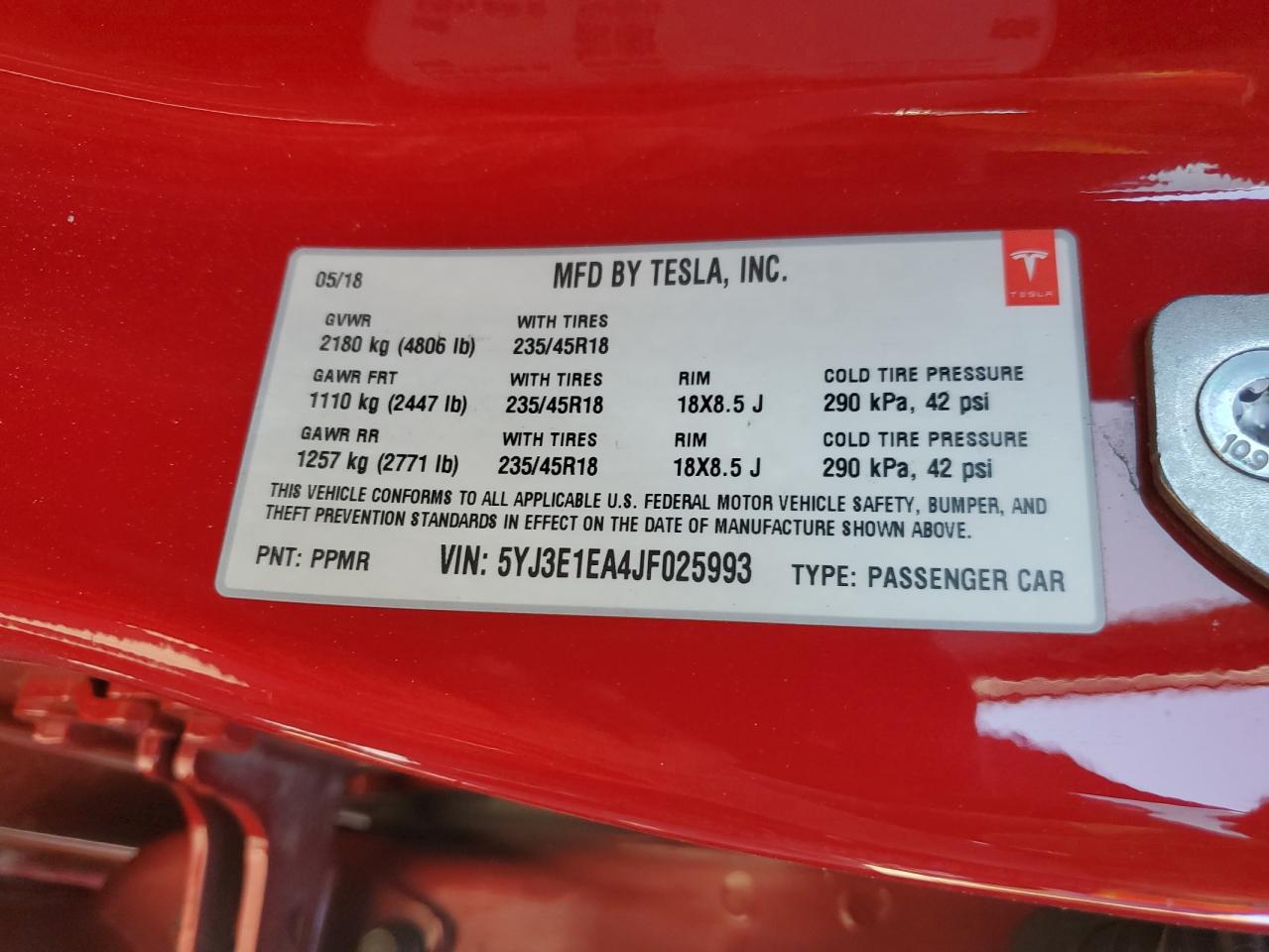 2018 Tesla Model 3 VIN: 5YJ3E1EA4JF025993 Lot: 84884215