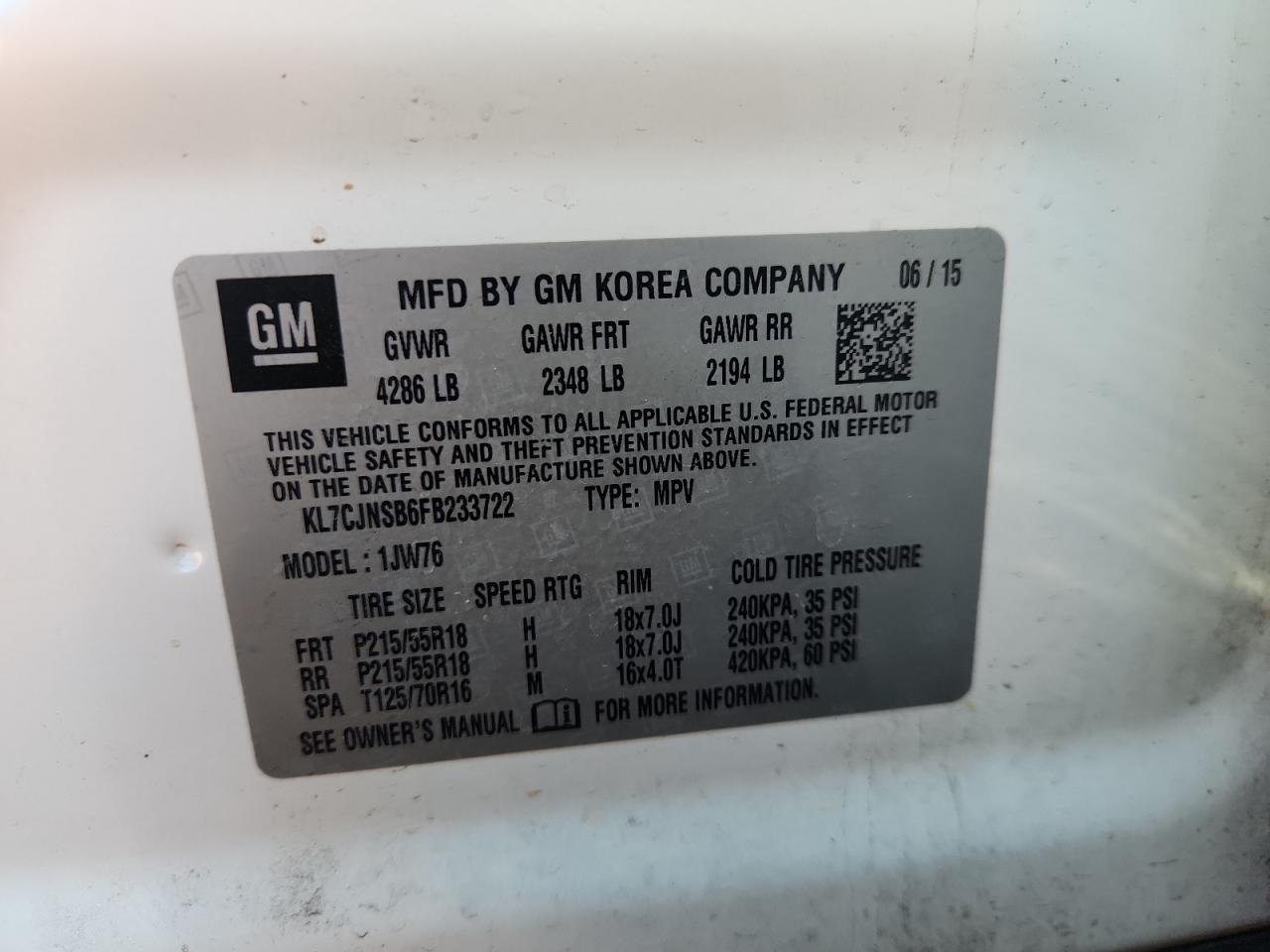 2015 Chevrolet Trax Ltz VIN: KL7CJNSB6FB233722 Lot: 82748035