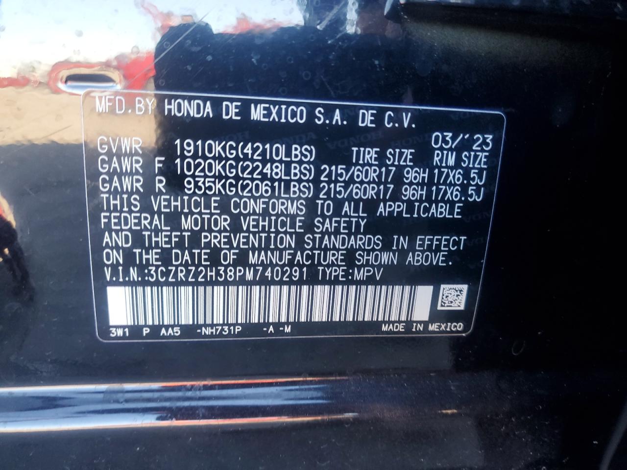 2023 Honda Hr-V Lx VIN: 3CZRZ2H38PM740291 Lot: 89860785