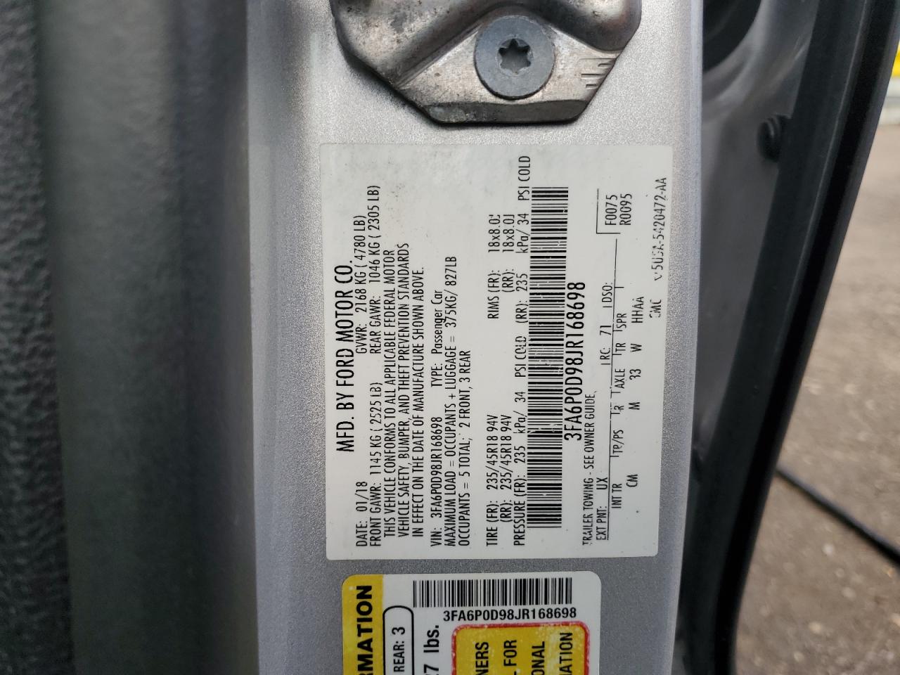 2018 Ford Fusion Titanium/Platinum VIN: 3FA6P0D98JR168698 Lot: 84618065