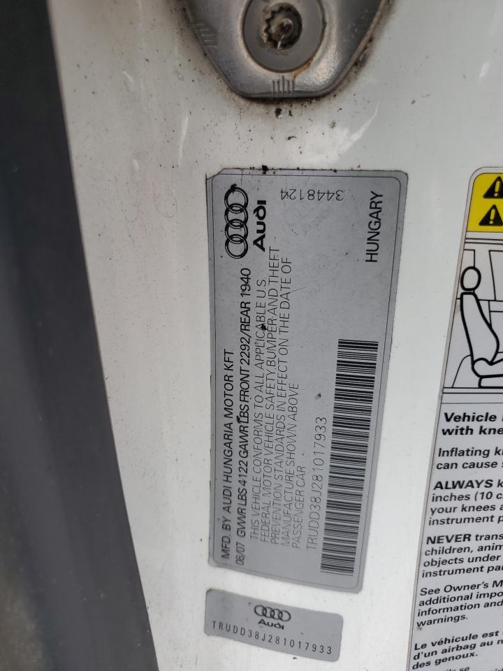 2008 Audi Tt 3.2 Quattro VIN: TRUDD38J281017933 Lot: 85380255