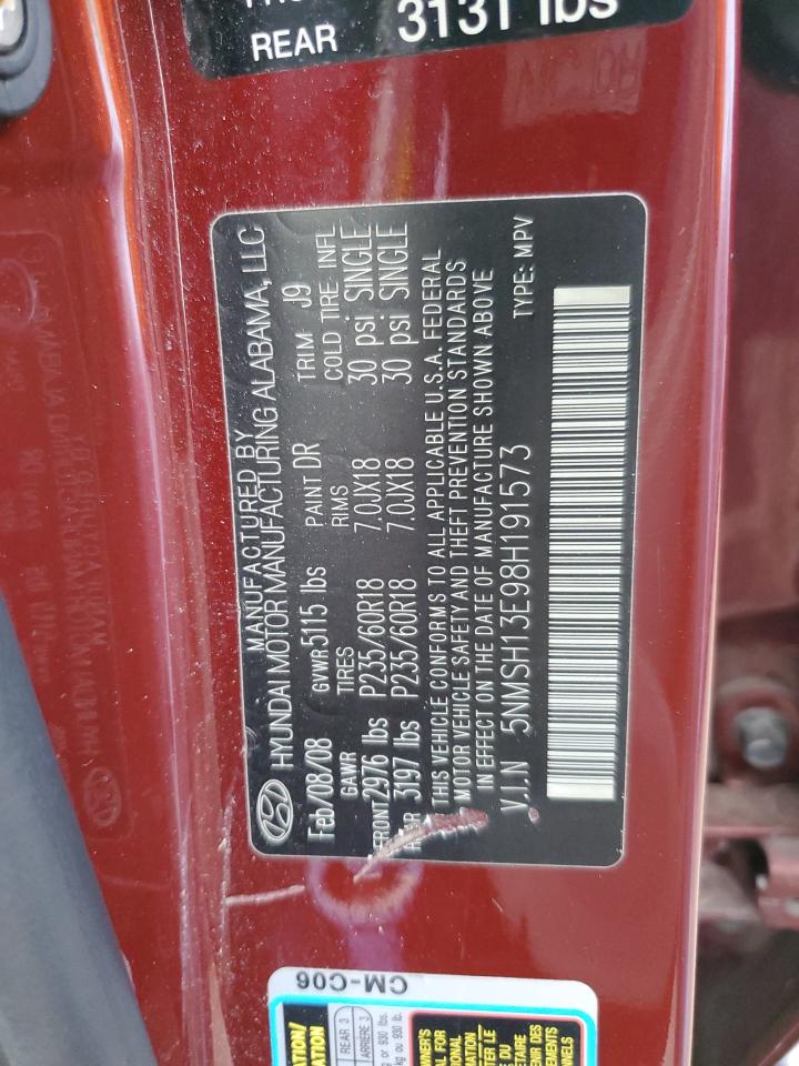 2008 Hyundai Santa Fe Se VIN: 5NMSH13E98H191573 Lot: 84382705