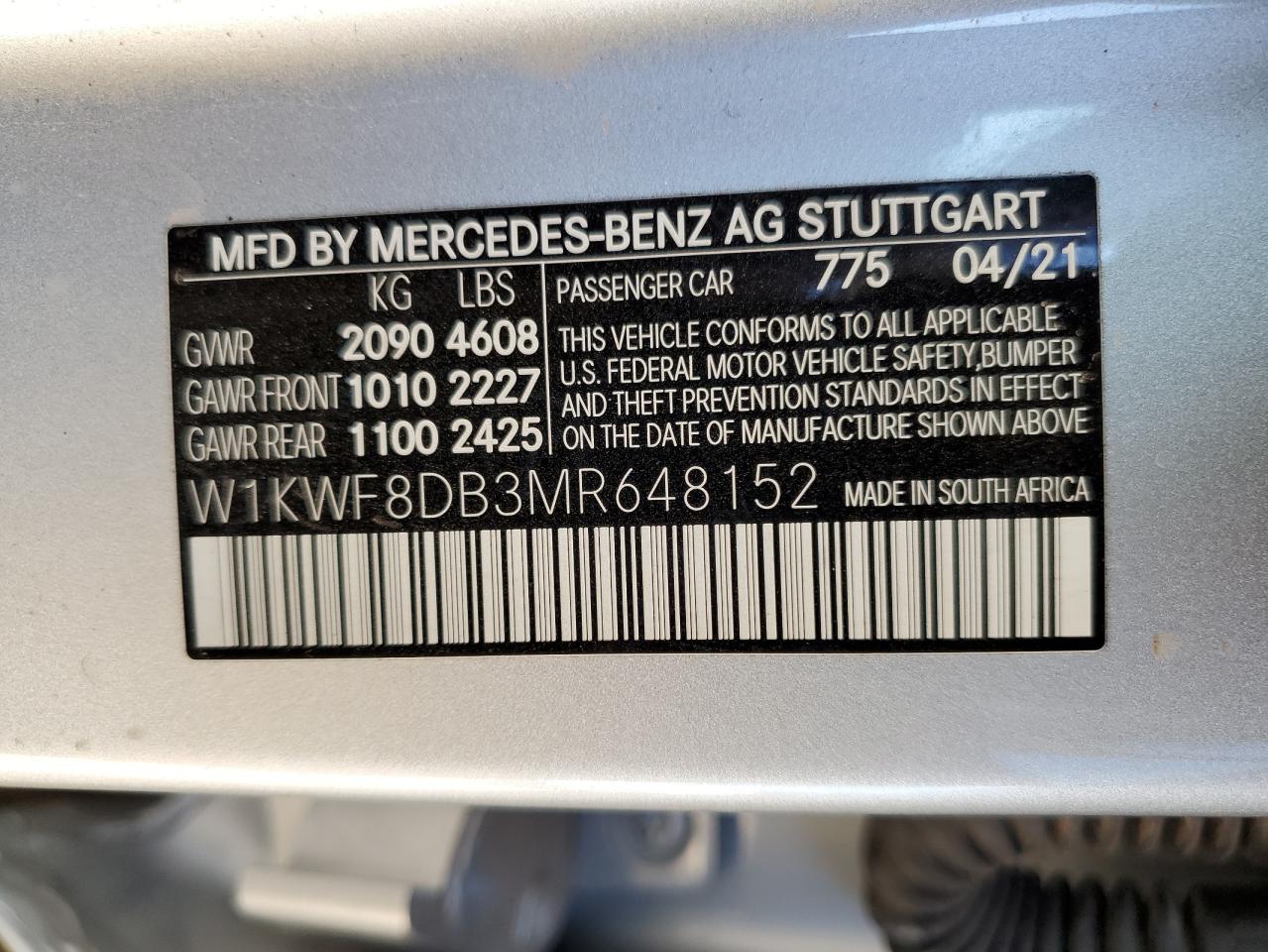 2021 Mercedes-Benz C 300 VIN: W1KWF8DB3MR648152 Lot: 81929545