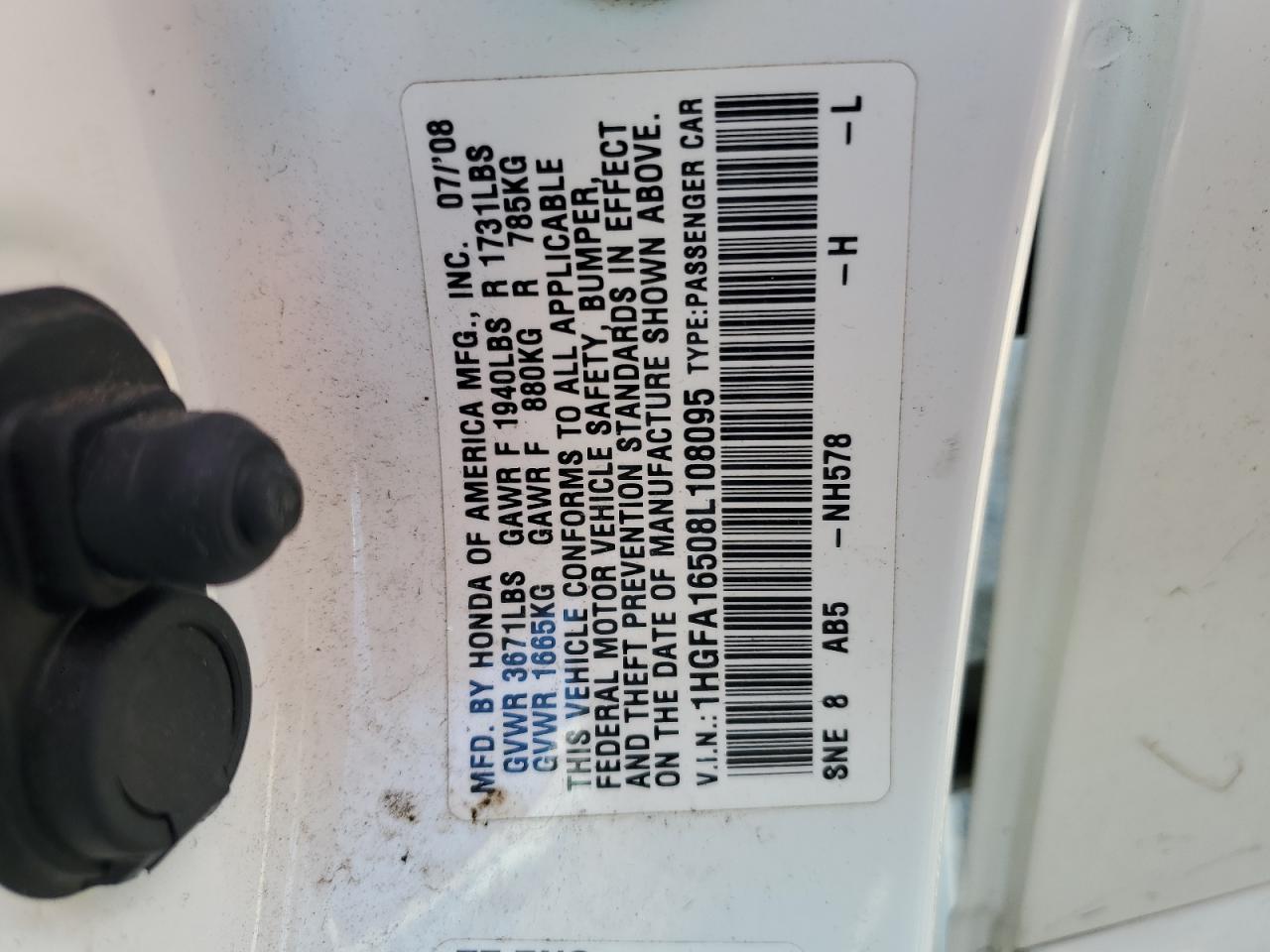 2008 Honda Civic Lx VIN: 1HGFA16508L108095 Lot: 85908715