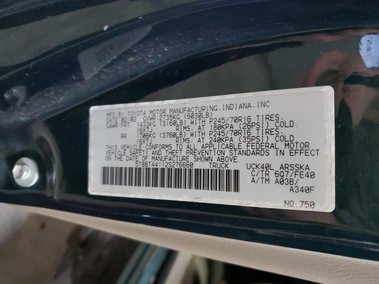 2002 Toyota Tundra Access Cab VIN: 5TBBT44112S276660 Lot: 84750795