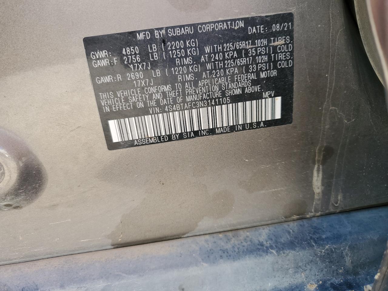 2022 Subaru Outback Premium VIN: 4S4BTAFC3N3141105 Lot: 86650215