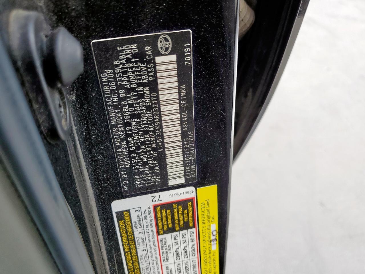 2010 Toyota Camry Base VIN: 4T4BF3EK9AR032170 Lot: 85367055