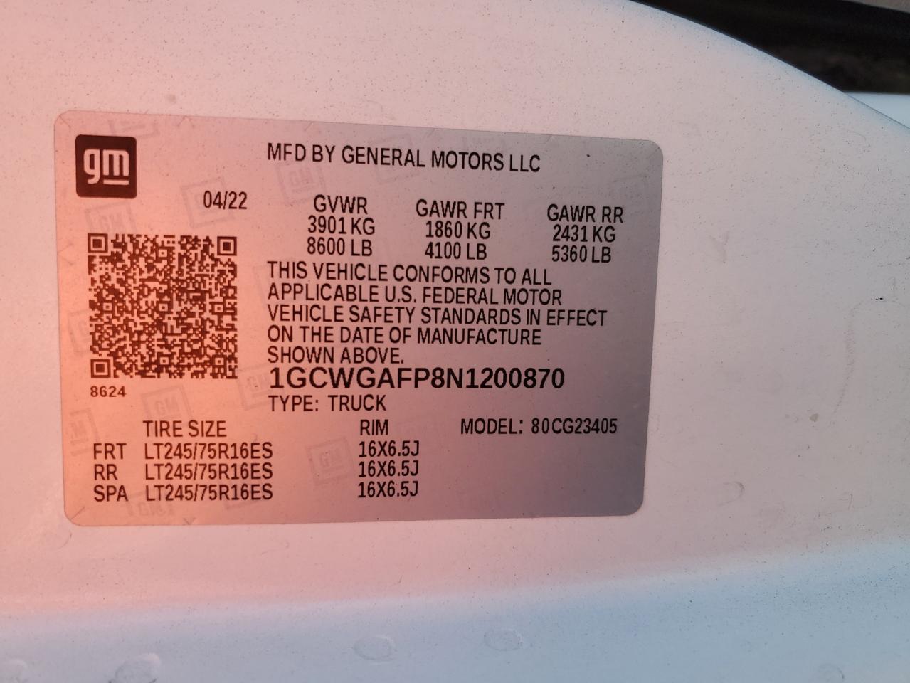 2022 Chevrolet Express G2500 VIN: 1GCWGAFP8N1200870 Lot: 90701275