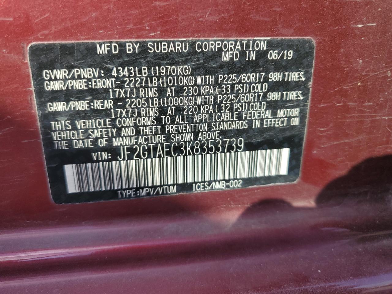 2019 Subaru Crosstrek Premium VIN: JF2GTAEC3K8353739 Lot: 85130855